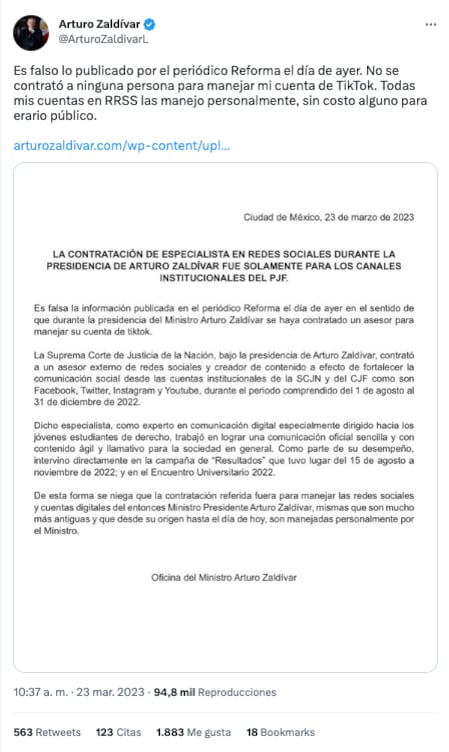 Arturo Zaldívar niega que experto en TikTok maneje sus cuentas personales