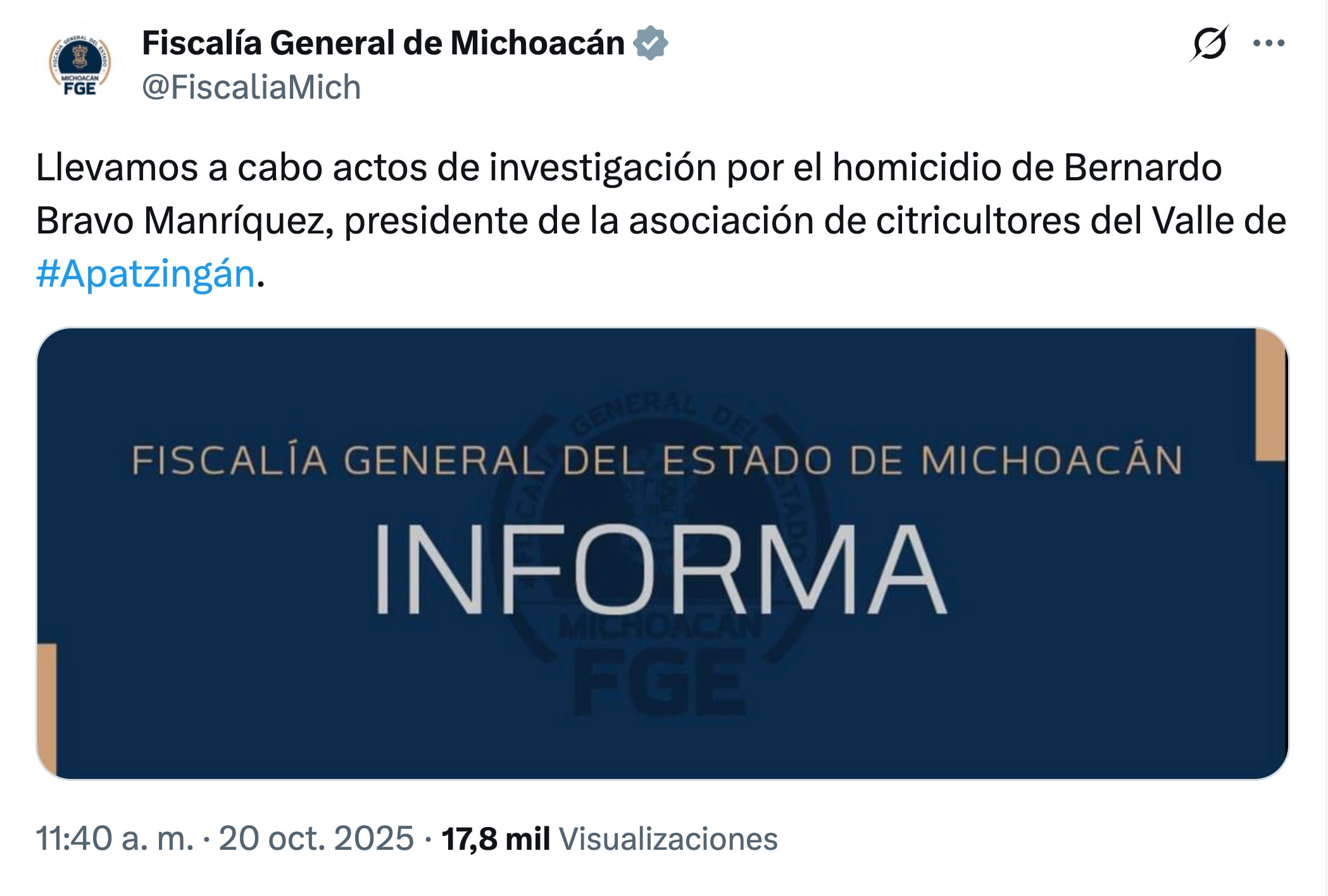 Bernardo Bravo, líder limonero asesinado
