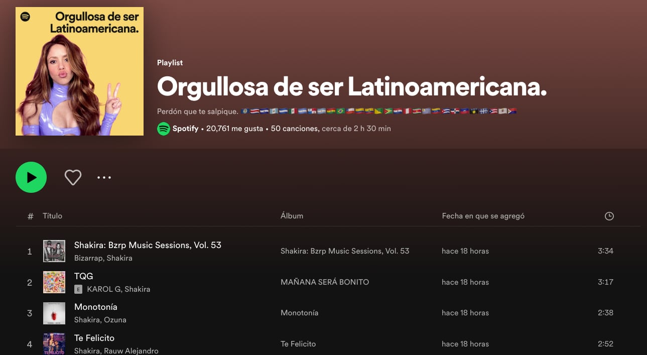 Playlist "Orgullosa de ser latinoamericana" en Spotify