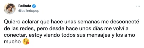 Belinda retoma las redes sociales