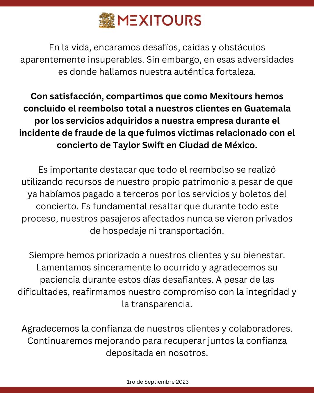 Comunicado Mexitours reembolso Taylor Swift