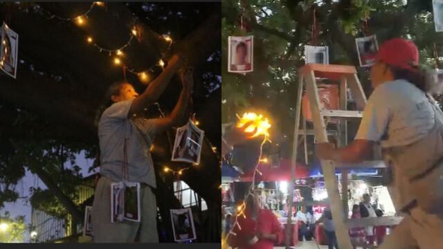 Madres de desaparecidos colocan luces navideñas con rostros de desaparecidos en zócalo de Acapulco