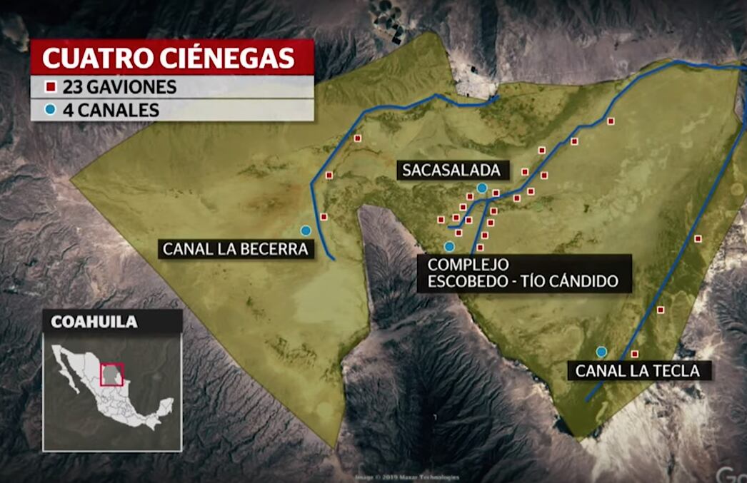 Presas que planea construir el gobierno federal en Valle de Cuatro Ciénegas.