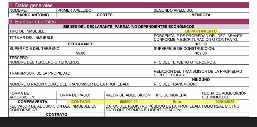 Declaración patrimonial de Marko Cortés