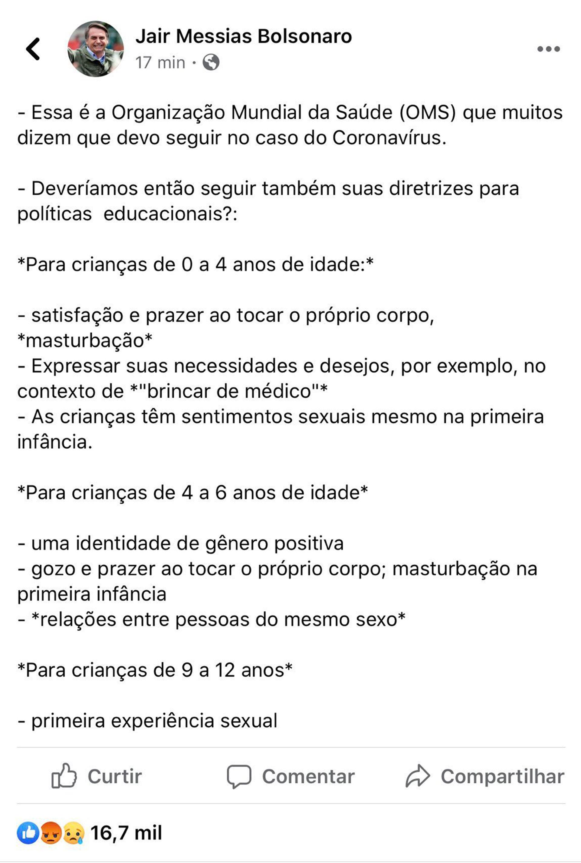 Publicación de Bolsonaro en Facebook.