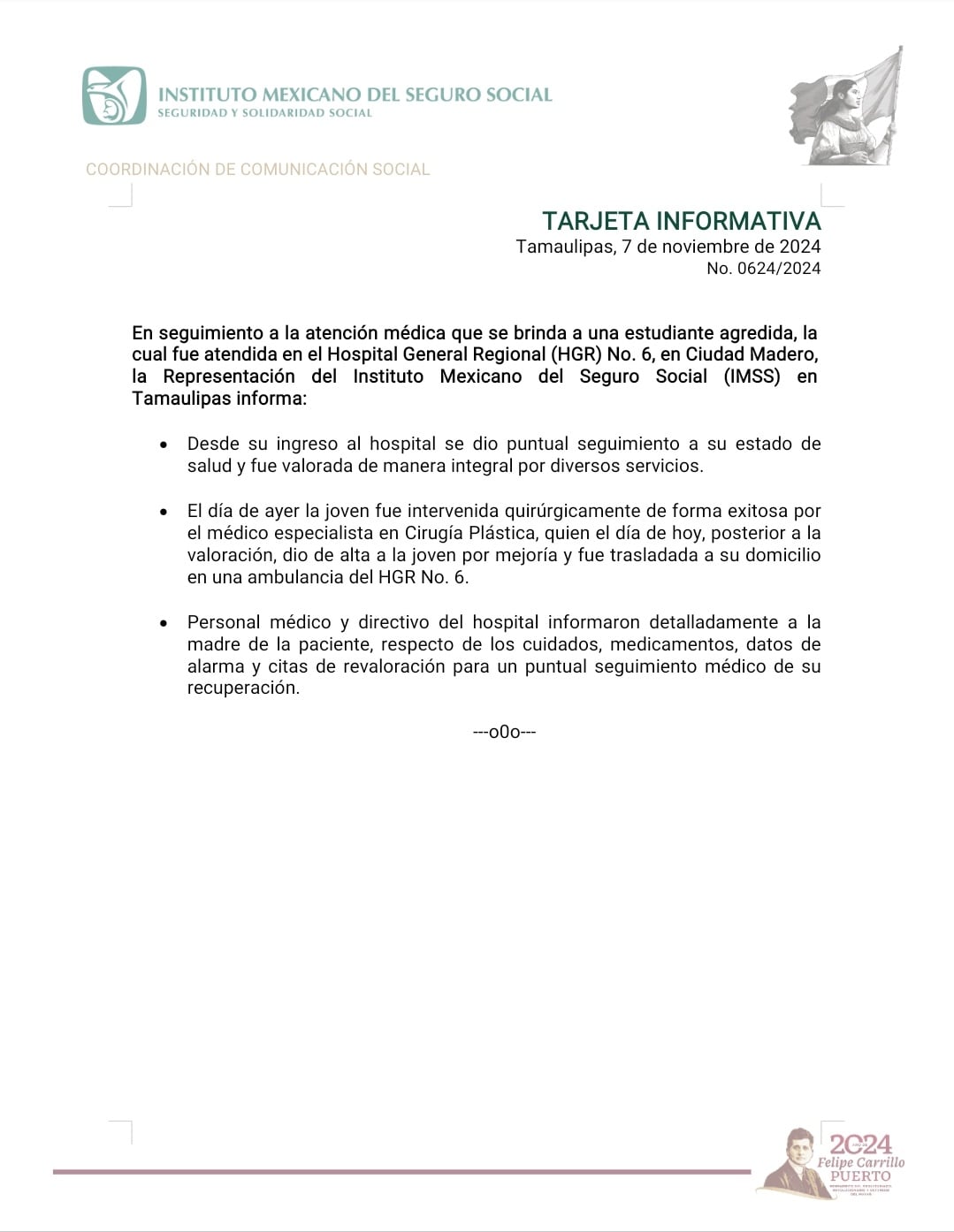 Comunicado del IMSS sobre estado de salud de Melanie de Jesús Barragán Guzmán.