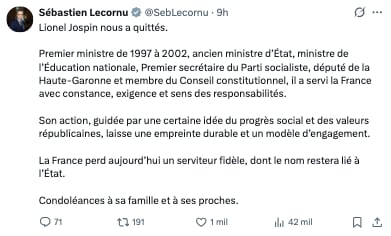Sébastien Lecornu anuncia la muerte de Lionel Jospin