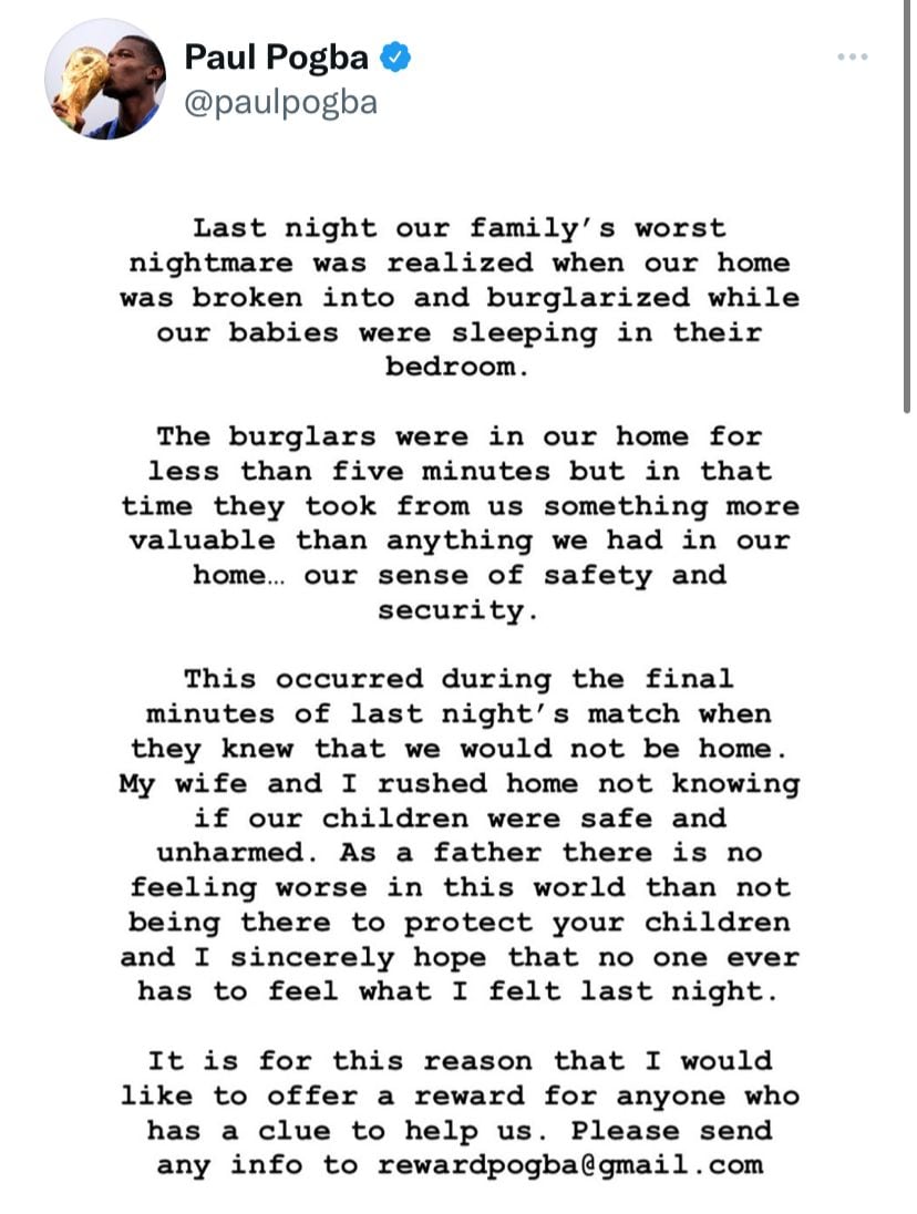 Mensaje de Paul Pogba en donde denuncia que ingresaron a su casa a robar mientras se encontraba jugando ante el Atlético de Madrid.
