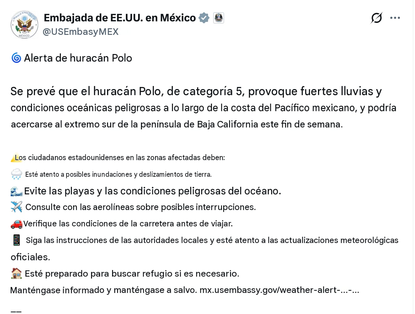 Huracán Polo: Embajada de Estados Unidos emite alerta a sus ciudadanos en México