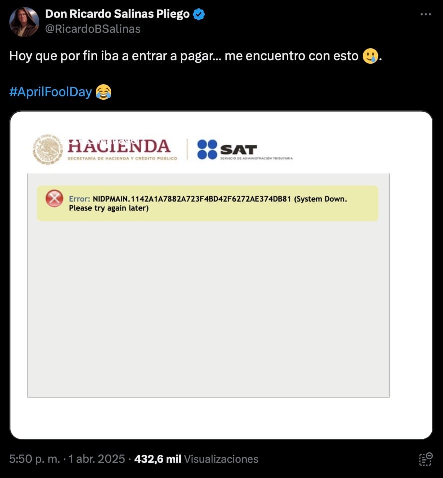 Publicación de Ricardo Salinas Pliego sobre caída del portal del SAT