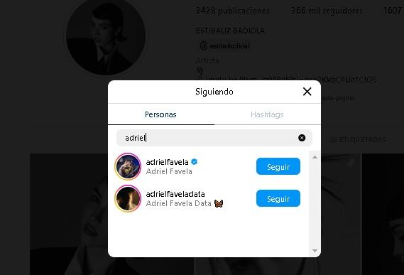 Estibaliz Badiola sí sigue en Instagram a Adriel Favela.