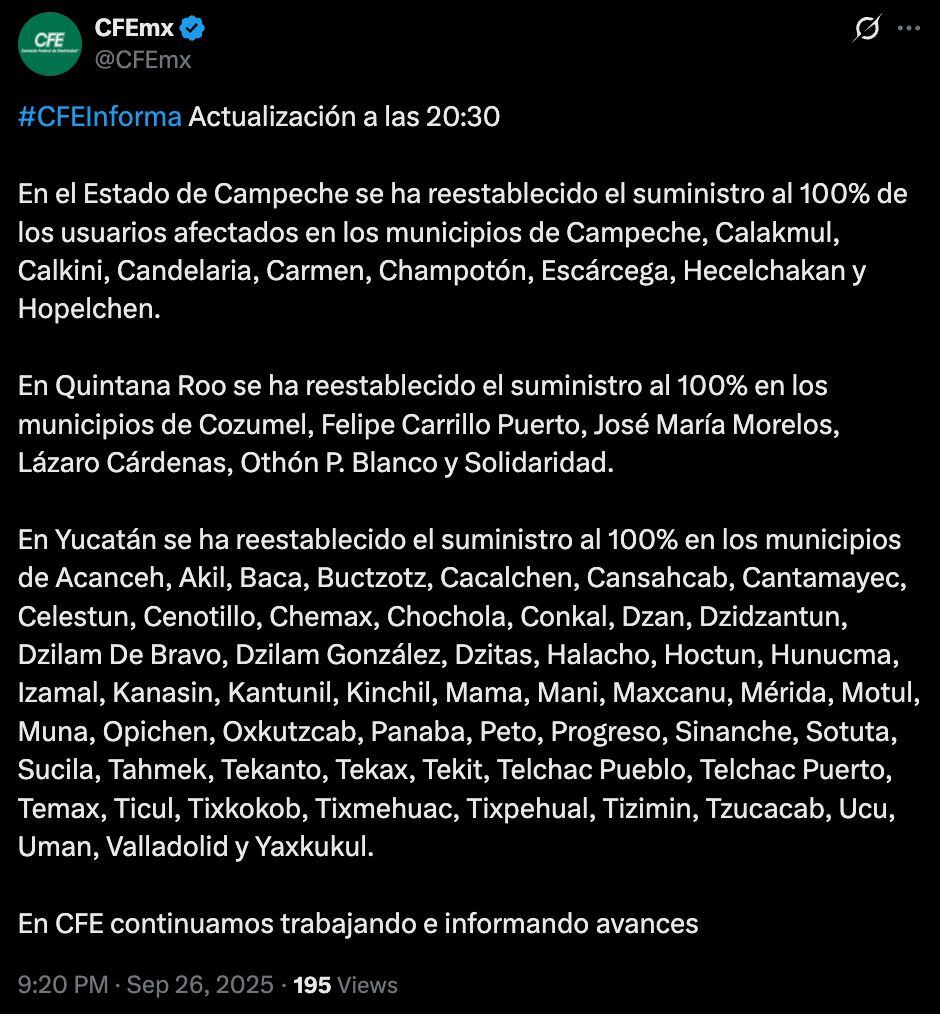 Apagón masivo en sureste de México.