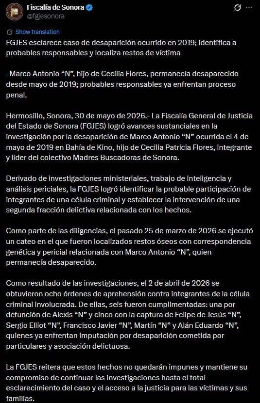 Fiscalía de Sonora confirma cinco detenidos por caso del hijo de Ceci Flores
