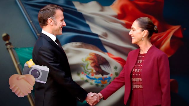 Primer saludo de Emmanuel Macron y Claudia Sheinbaum antes de su reunión en México.