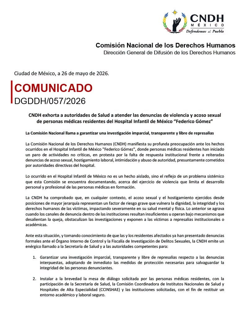 CNDH exige atención a denuncias de acoso sexual en Hospital Infantil Federico Gómez