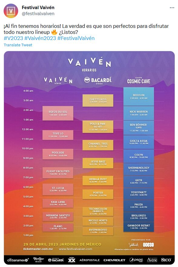 Horarios por escenario del Festival Vaivén 2023