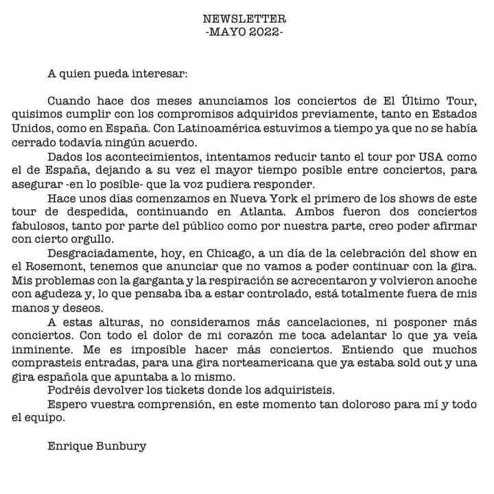 Comunicado de Enrique Bunbury anunciando la cancelación de su gira 'El Último Tour'