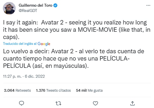 Tuit de Guillermo del Toro elogiando Avatar 2