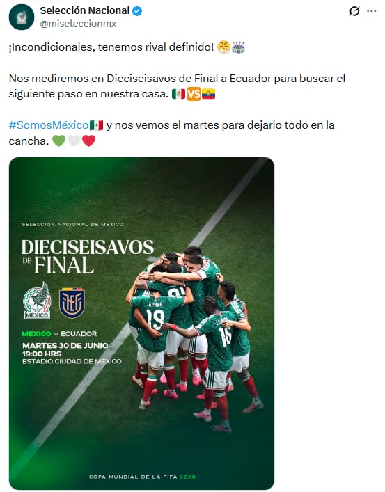 México ya conoce a su rival de los dieciseisavos de final.