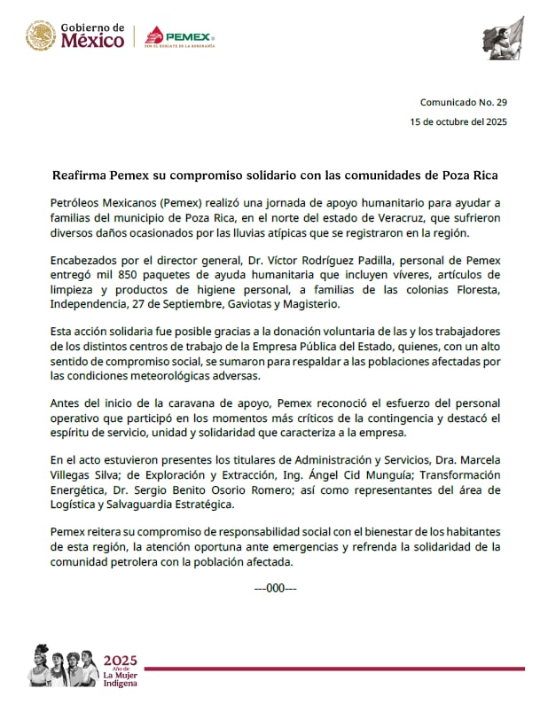 Pemex encabeza entrega de ayuda humanitaria en Poza Rica tras las inundaciones