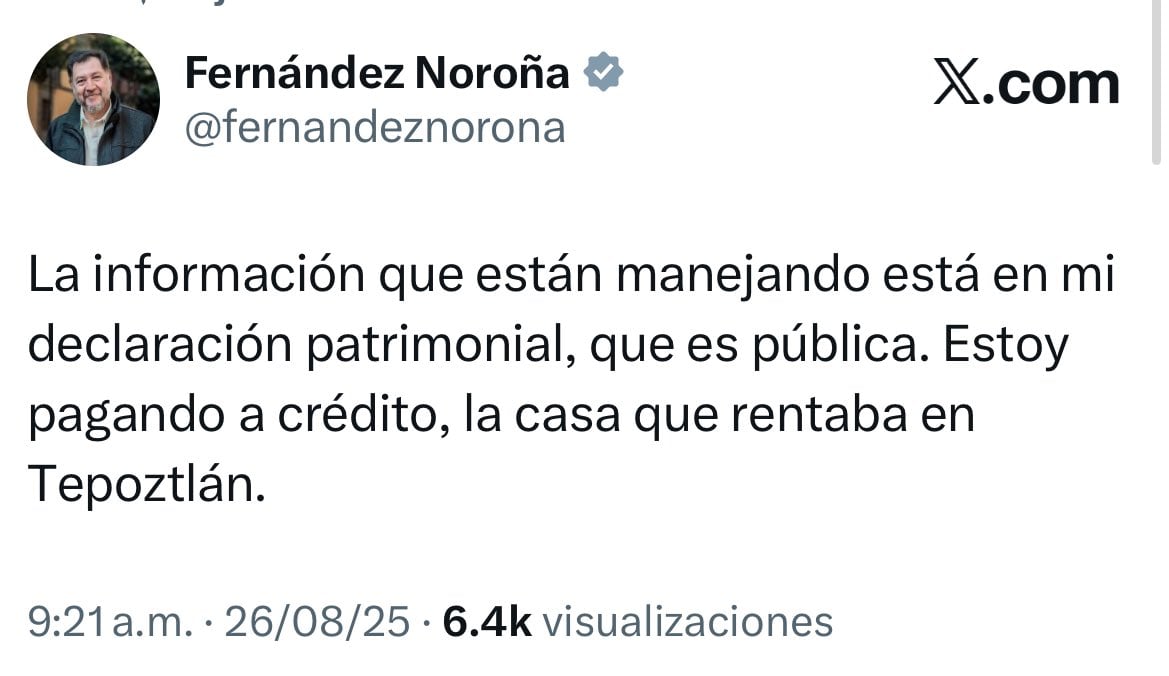 Gerardo Fernández Noroña confirma que compró casa de 12 millones de pesos a crédito