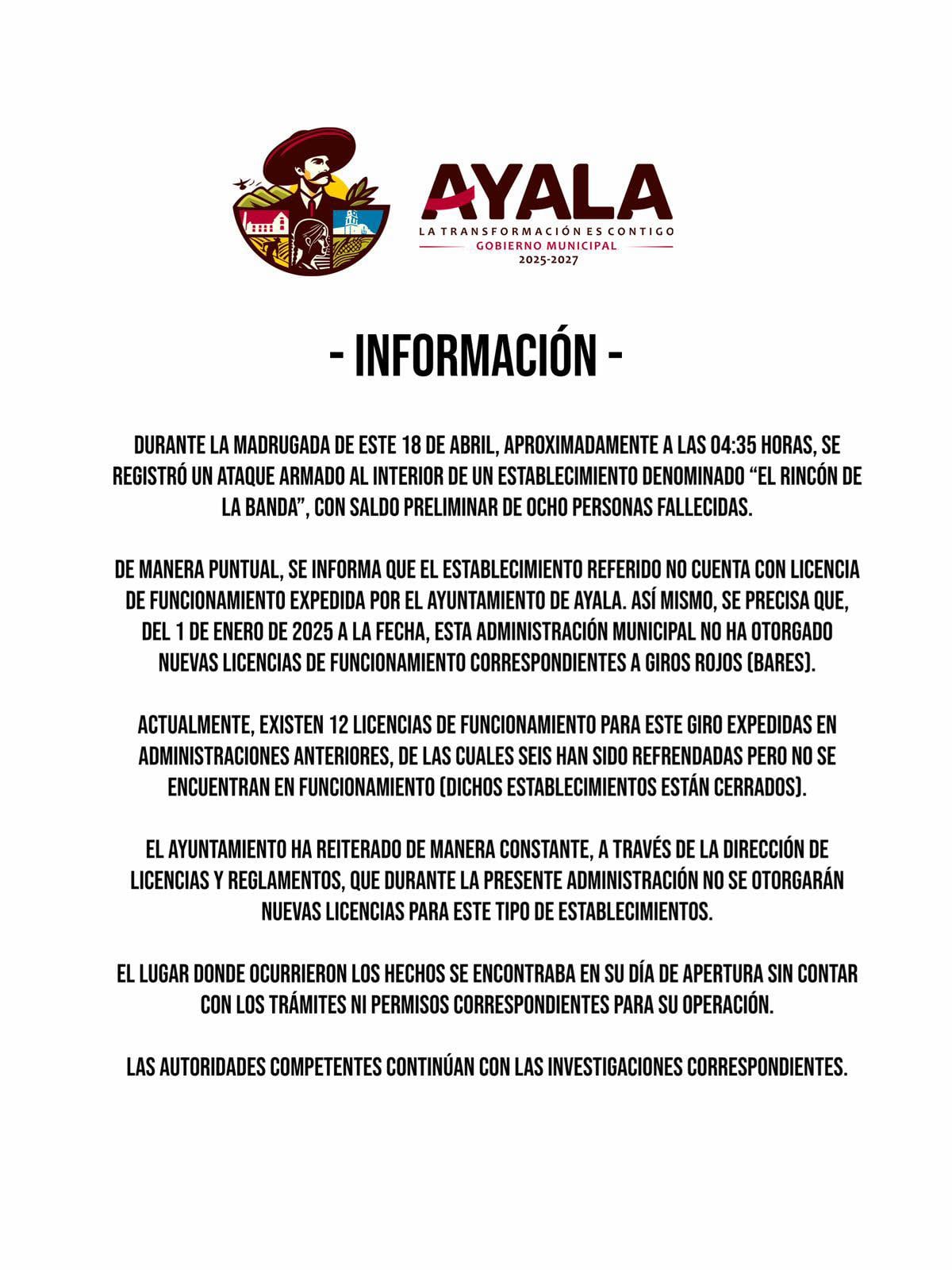 Balacera en bar de Ayala, Morelos, deja 8 muertos