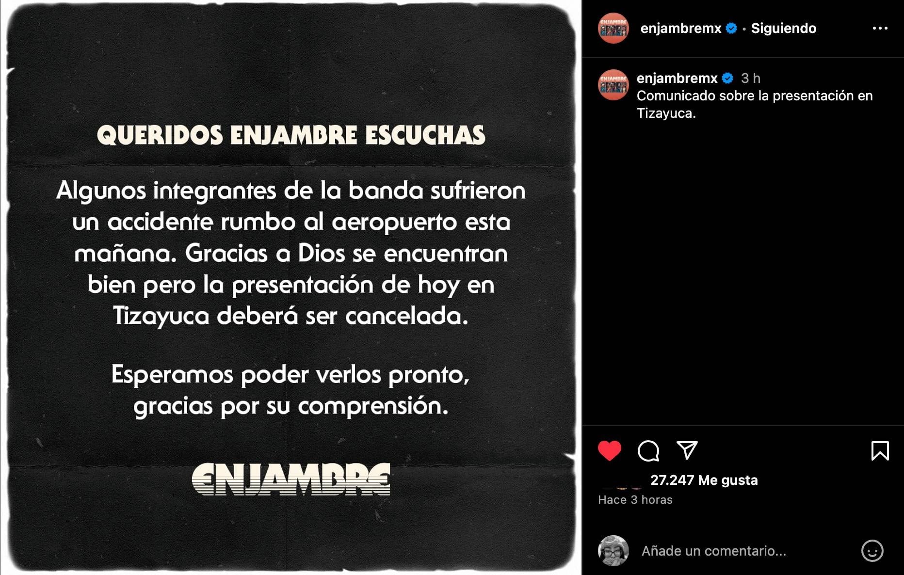 Enjambre cancela su concierto en Tizayuca por un accidente
