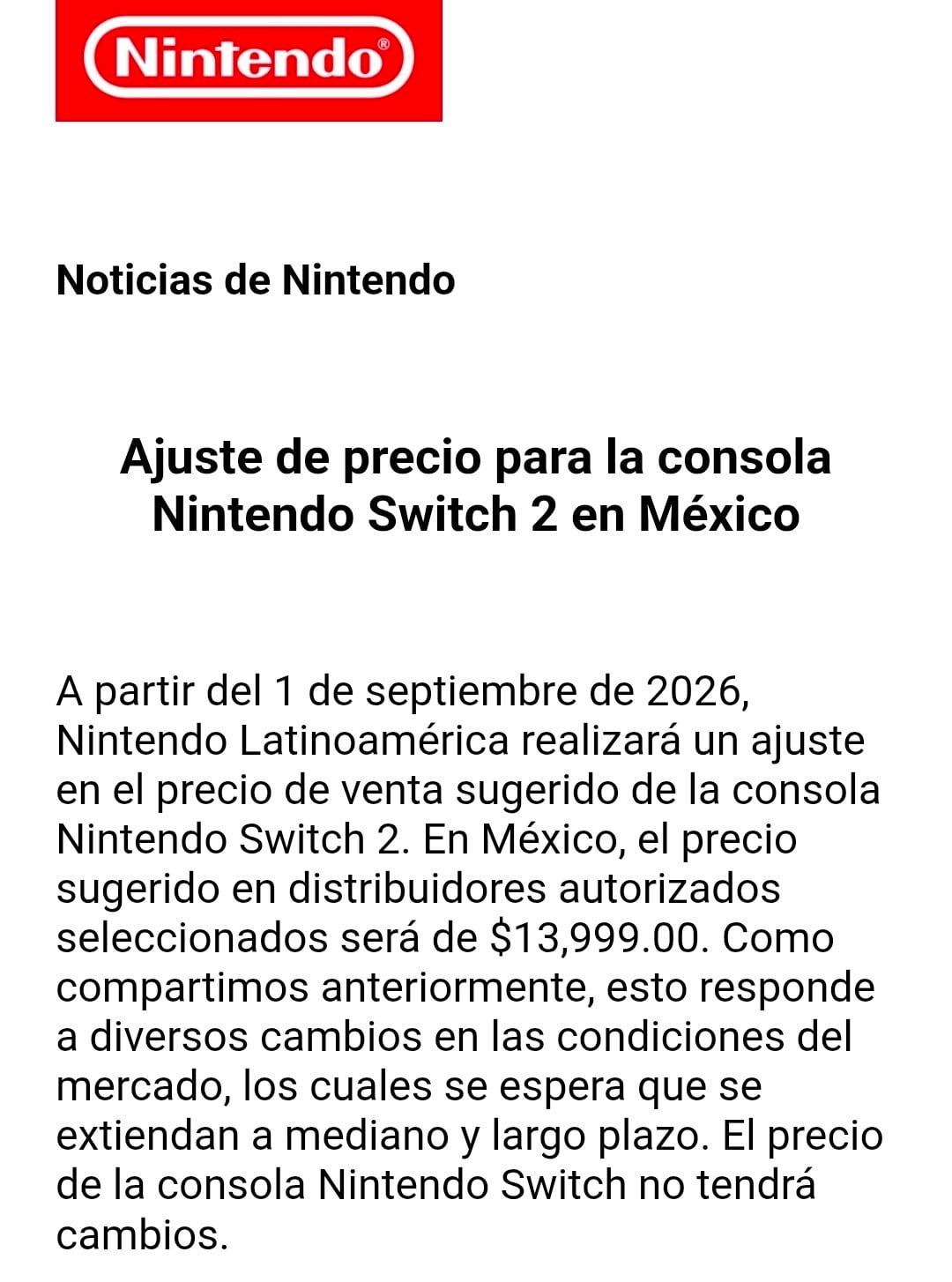Nintendo anuncia aumento de precio para Switch 2 en México para septiembre 2026