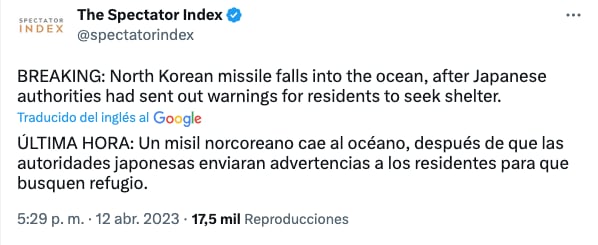 Misil de Corea del Norte cayó en el mar de Japón