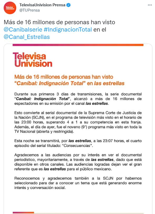 Comunicado TelevisaUnivisión sobre el documental 'Caníbal, indignación total'