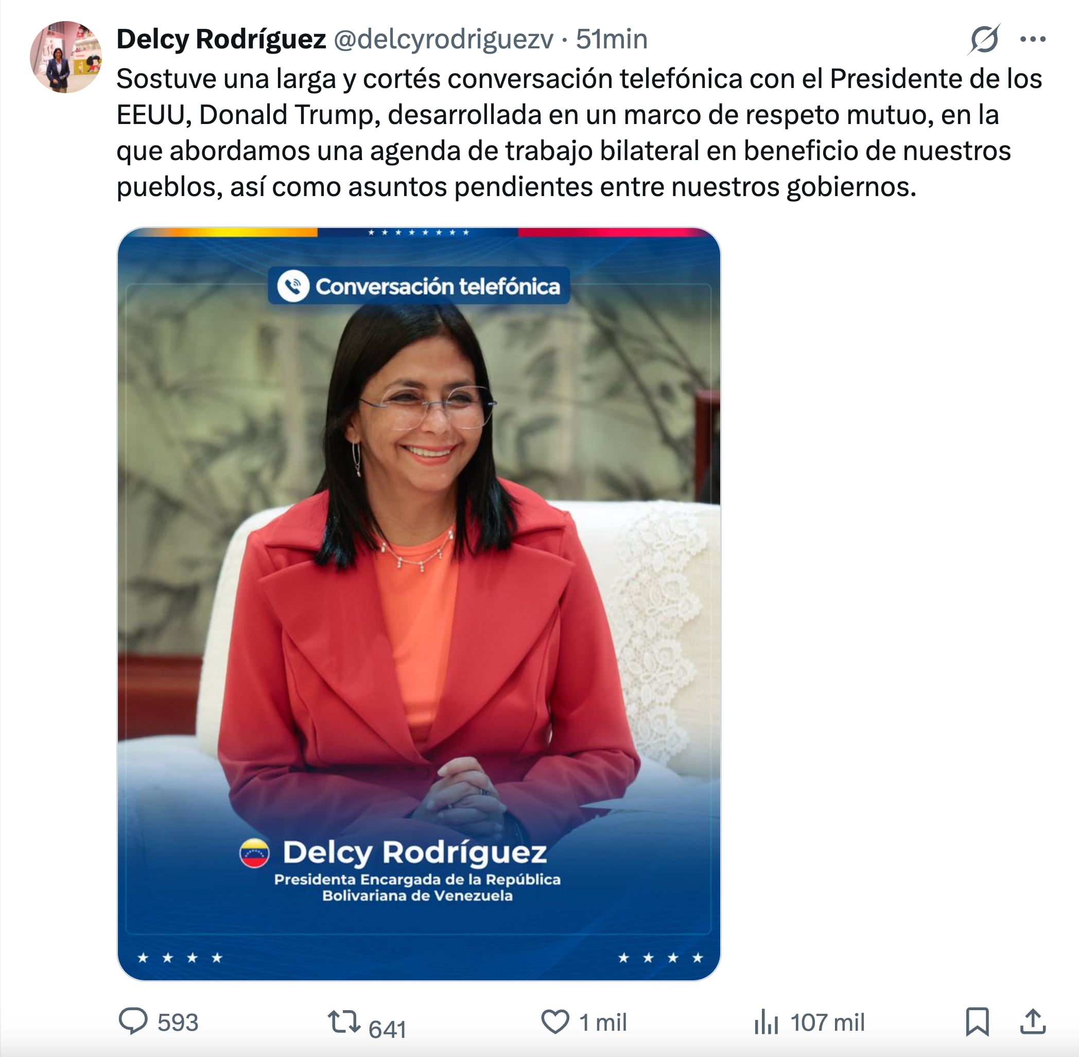 Delcy Rodríguez sobre llamada de Donald Trump