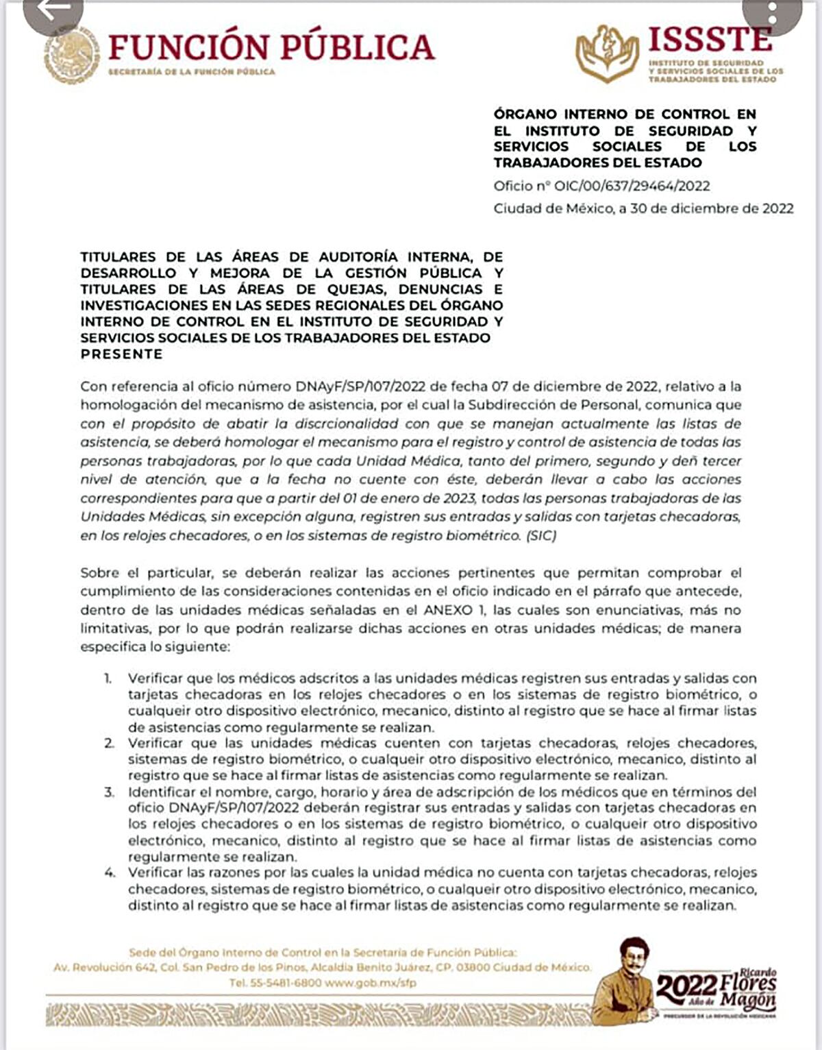 ISSSTE oficio OIC/00/637/29464/2022