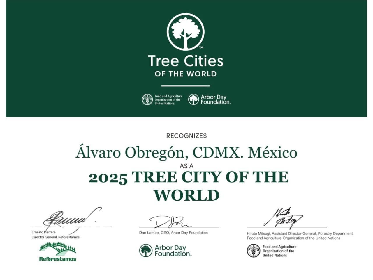 Álvaro Obregón recibe reconocimiento internacional por protección ambiental.