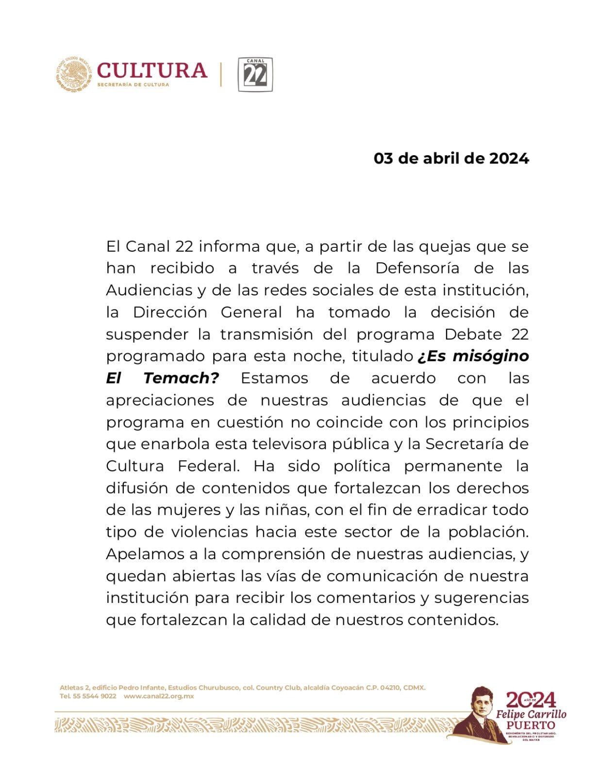 Segundo comunicado de Canal 22