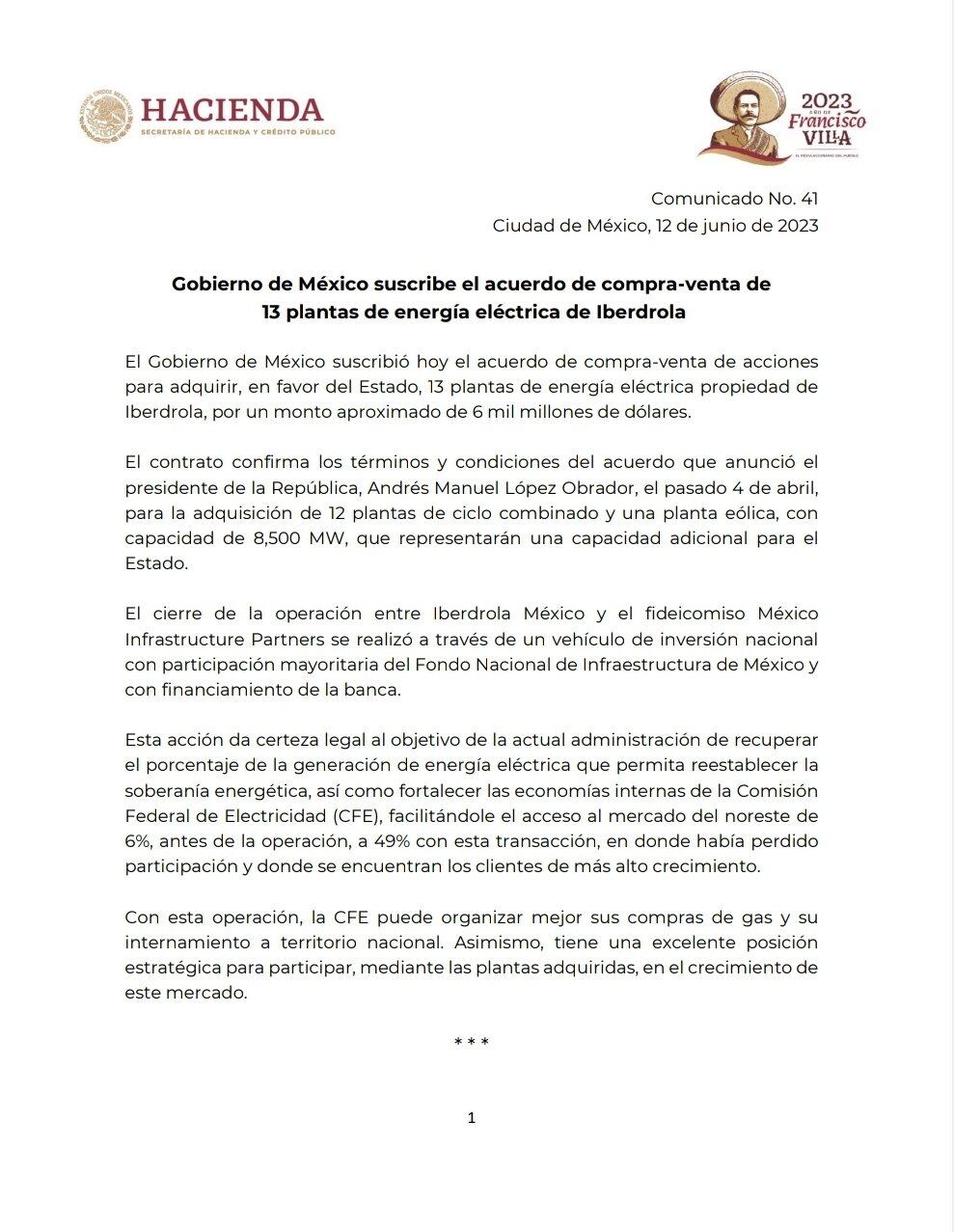 COMUNICADO DE HACIENDA SOBRE IBERDROLA