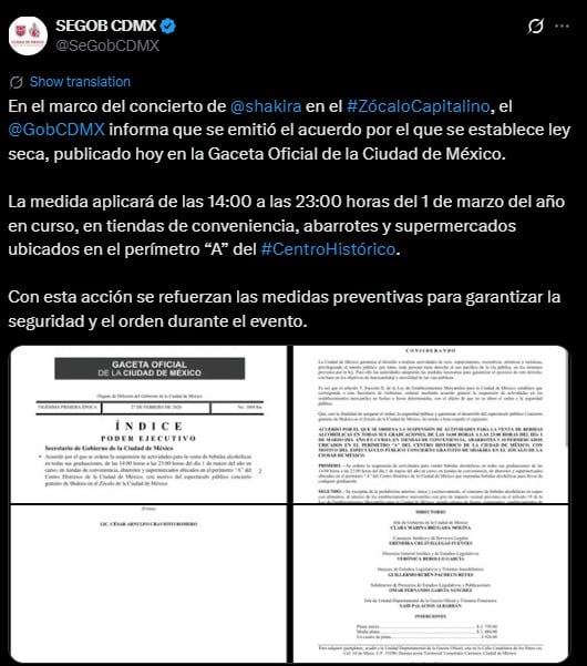 Concierto de Shakira en Zócalo CDMX: ley seca en el Centro Histórico