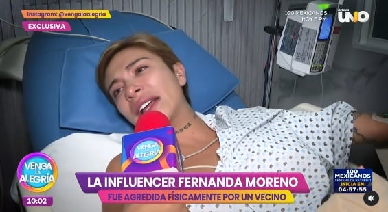 Fernanda Moreno siendo entrevistada tras agresión de su vecino.
