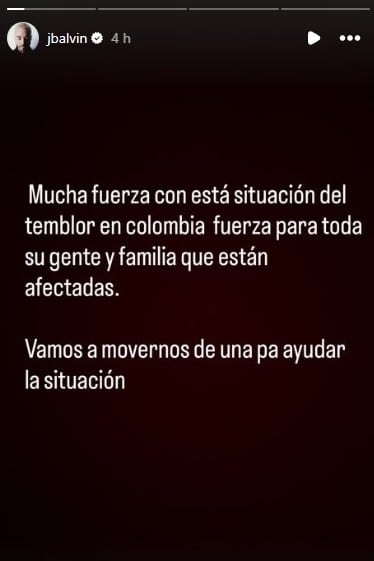 J Balvin envía mensaje de solidaridad tras el terremoto de 7.4 que sacudió a Colombia