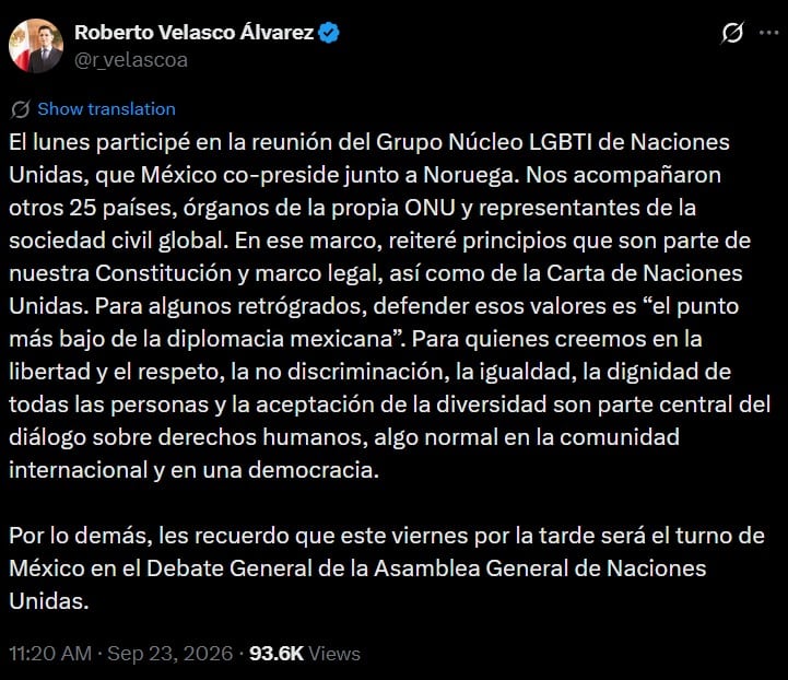 Roberto Velasco llama “retrógrados” a quienes criticaron su participación en Grupo LGBT de la ONU