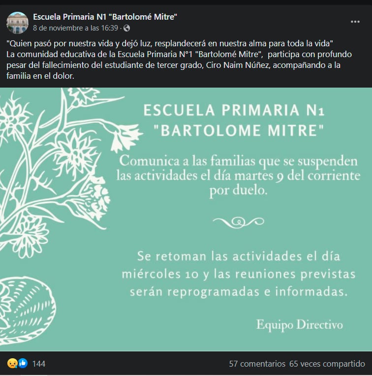 Captura de pantalla de la escuela de Ciro, lamentando su muerte