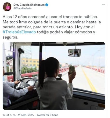 Claudia Sheinbaum se va "colgada" durante las pruebas del trolebús elevado