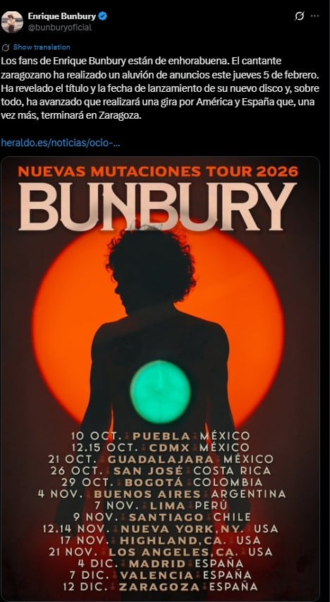 Enrique Bunbury anuncia conciertos en México