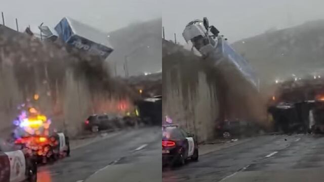 ¿Mala suerte? Camión cae de una autopista y aterriza sobre otro accidente en California