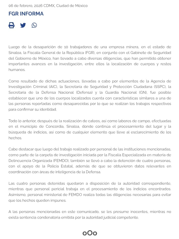 Restos localizados podrían pertenecer a minero desaparecido en Sinaloa, sugiere FGR