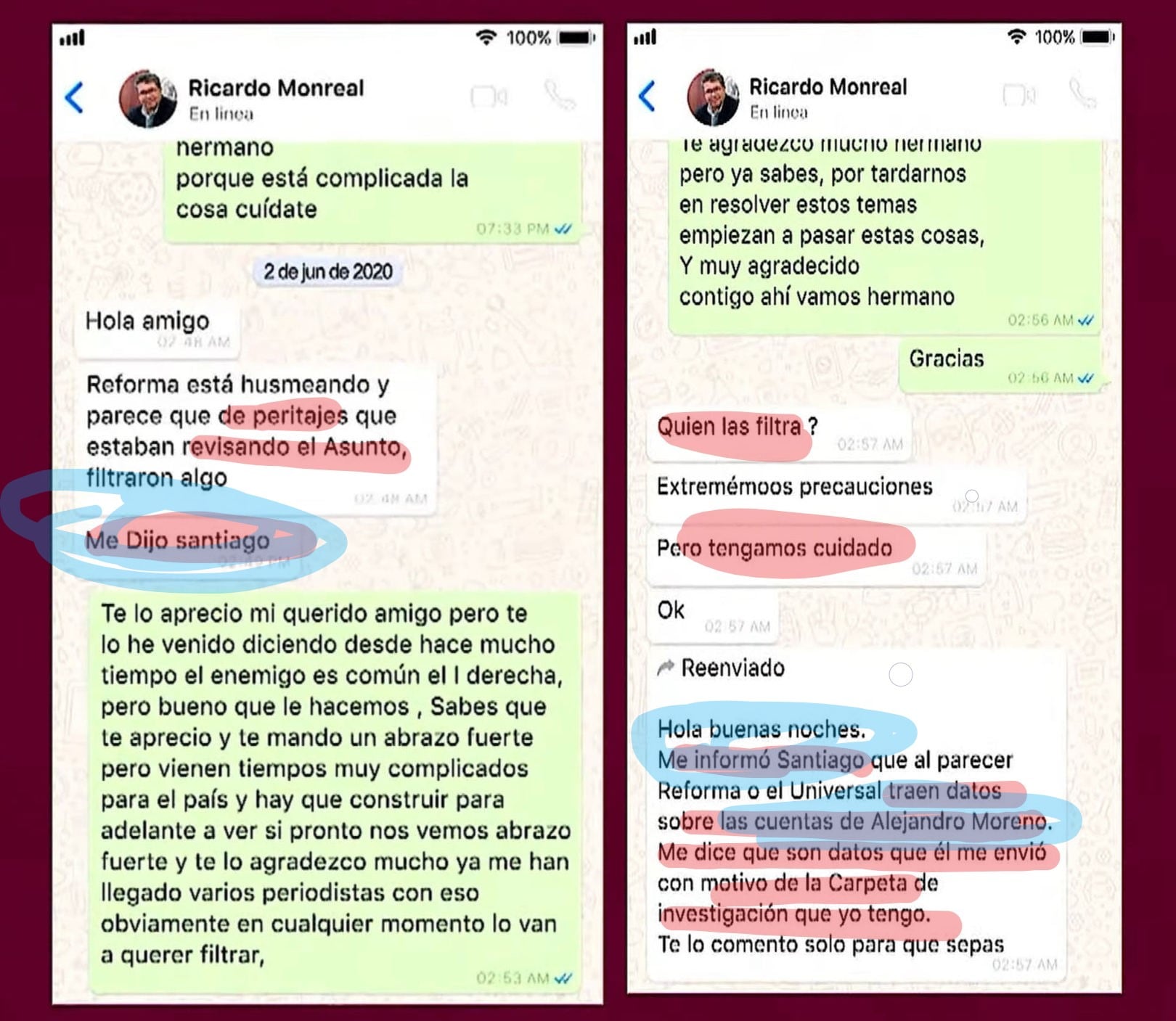 Supuestos chats entre Alejandro Moreno y Ricardo Monreal que podrían involucrar a Santiago Nieto