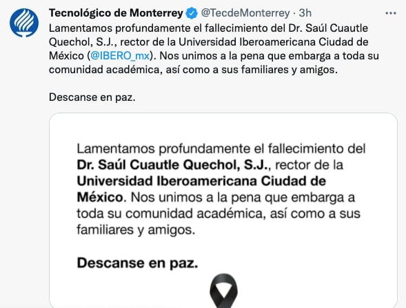 Mensaje del Tec de Monterrey sobre Raúl Cuautle Quechol