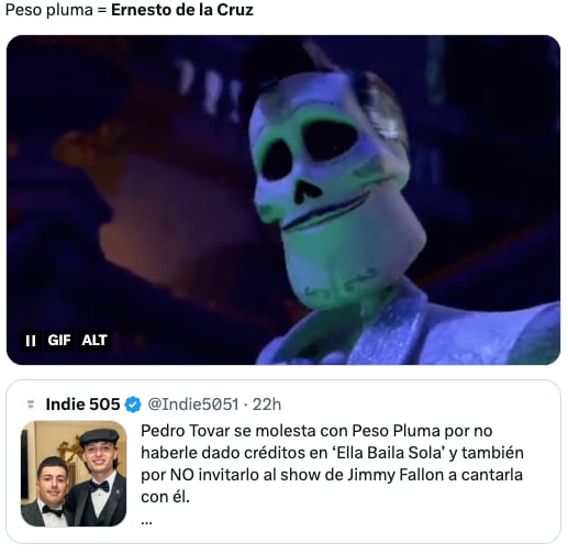 Memes comparan a Peso Pluma con Ernesto de la Cruz de Coco por no reconocer a Pedro Tovar