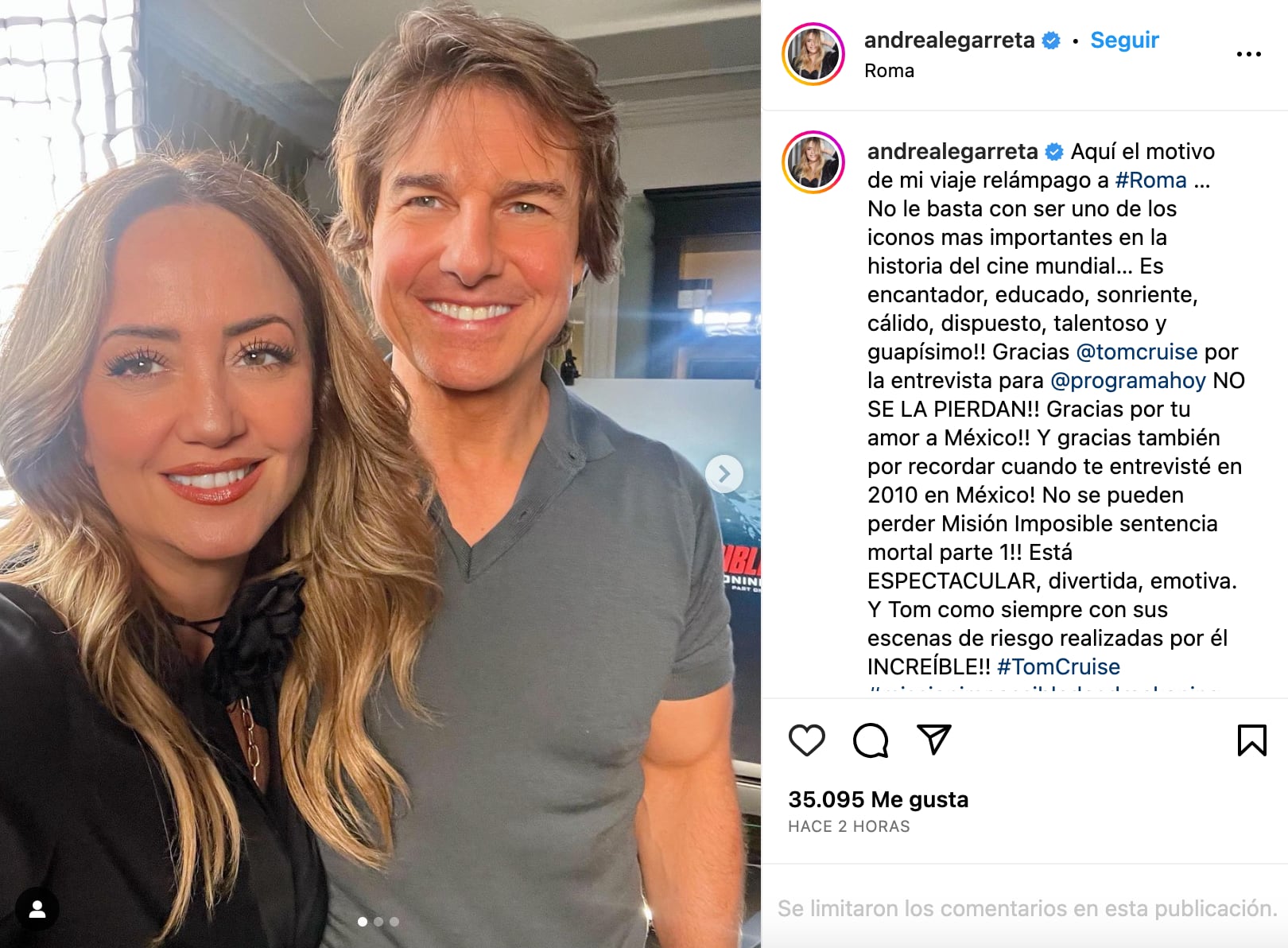 Andrea Legarreta presume foto abrazando a Tom Cruise