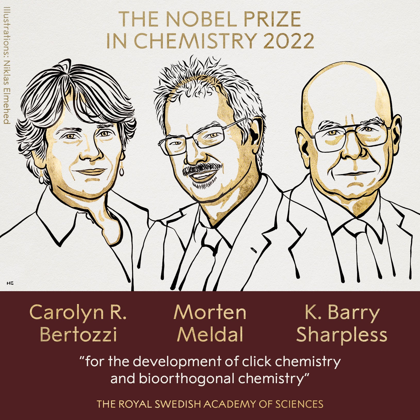 Ganadores del Premio Nobel 2022 de Química Carolyn R. Bertozzi, Morten Meldal y K. Barry Sharpless