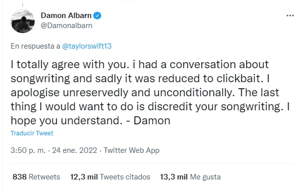 Contestación de Damon Albarn a Taylor Swift
